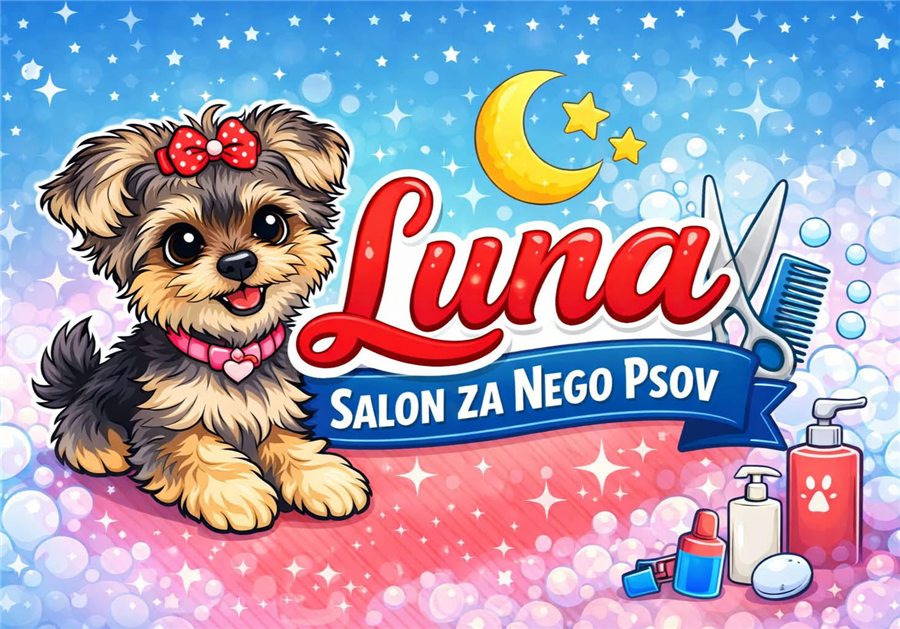 Logotip salona Luna: kuža s pentljo, polmesec z zvezdicami, škarje, glavnik in šamponi